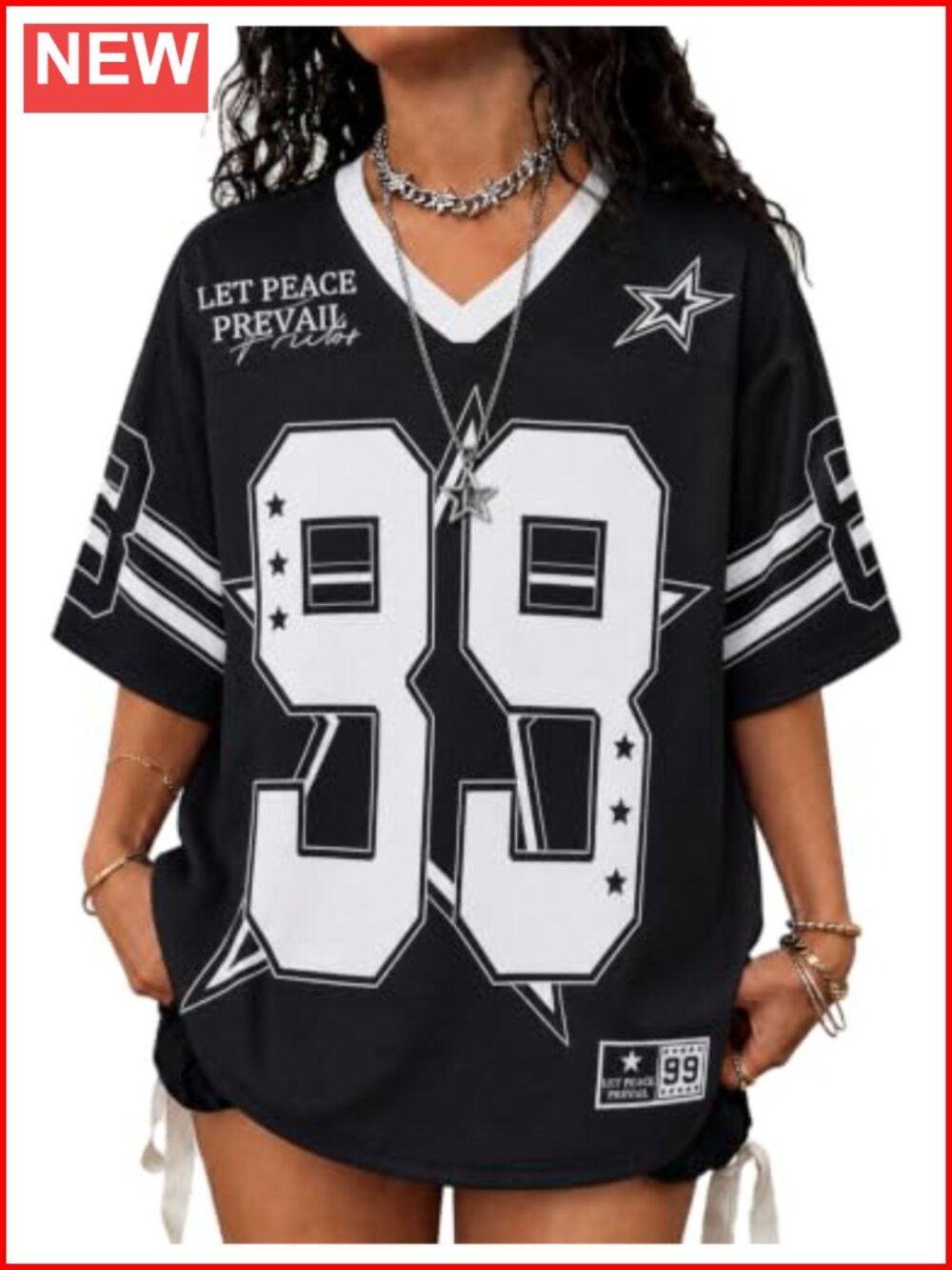 UOUA Women Oversized Graphic T-Shirt V-Neck Short Sleeve Jersey Summer Tee